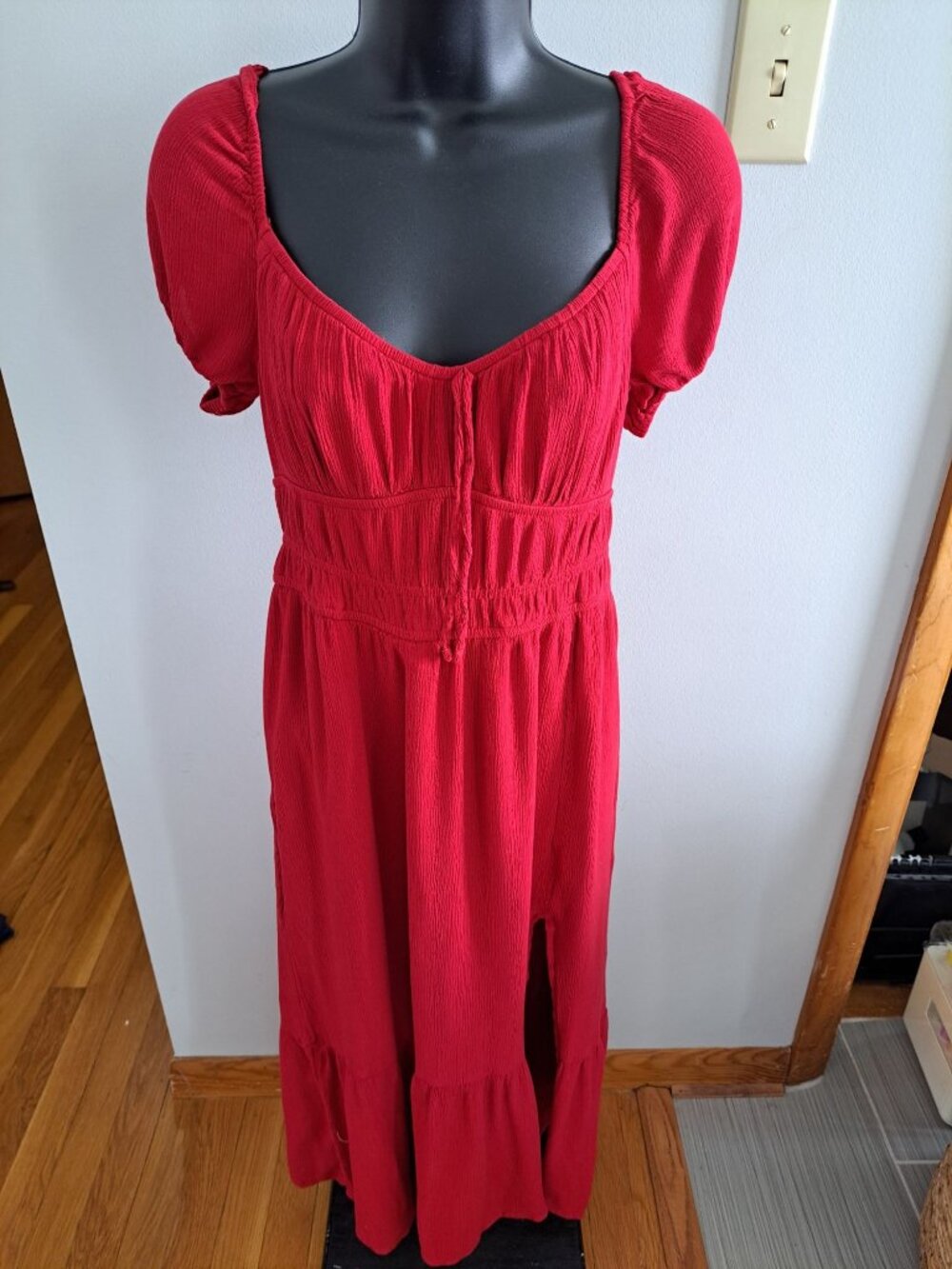 Y2K Hollister Babydoll Red Smocked Midi Dress Milkmaid Puff Sleeve Medium - Picture 2 of 11